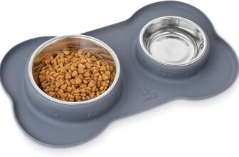 Pecute Dog Bowls Non-Slip, Stainless Steel Double Bowls Set with Non-Spill Silicone Mats Tray for Cats Puppies Water Food Feeding(11oz Each Bowl, Grey)