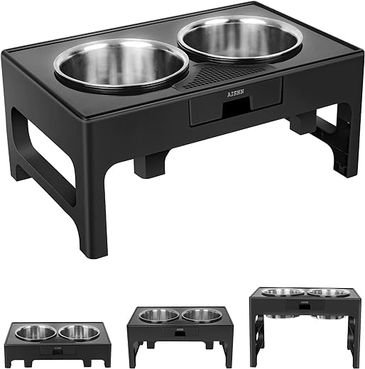 Elevated Dog Bowls, Stainless Steel Raised Bowl with Adjustable Stand, Double Food and Water for Medium Large Dogs or Cat, 3 Heights 3.9”, 7.8”, 11.8” (Black)